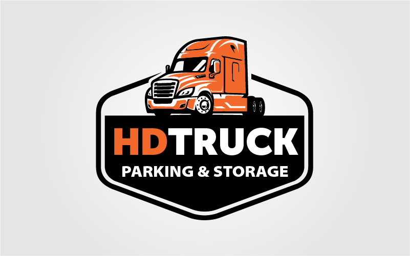 a logo for hd truck parking and storage with an orange semi truck on it .