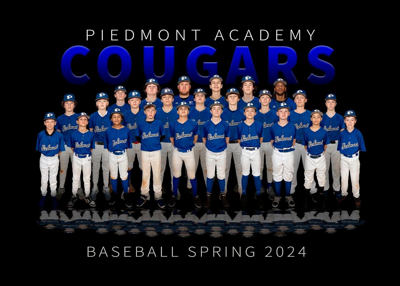 the piedmont academy cougars baseball team is posing for a team photo .