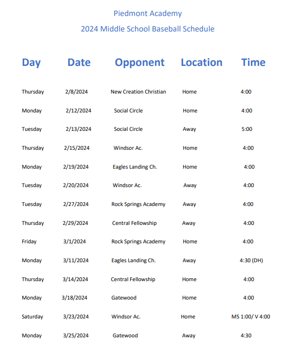 a baseball schedule for a middle school is shown