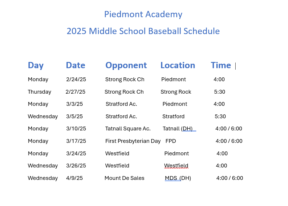 a baseball schedule for a middle school is shown