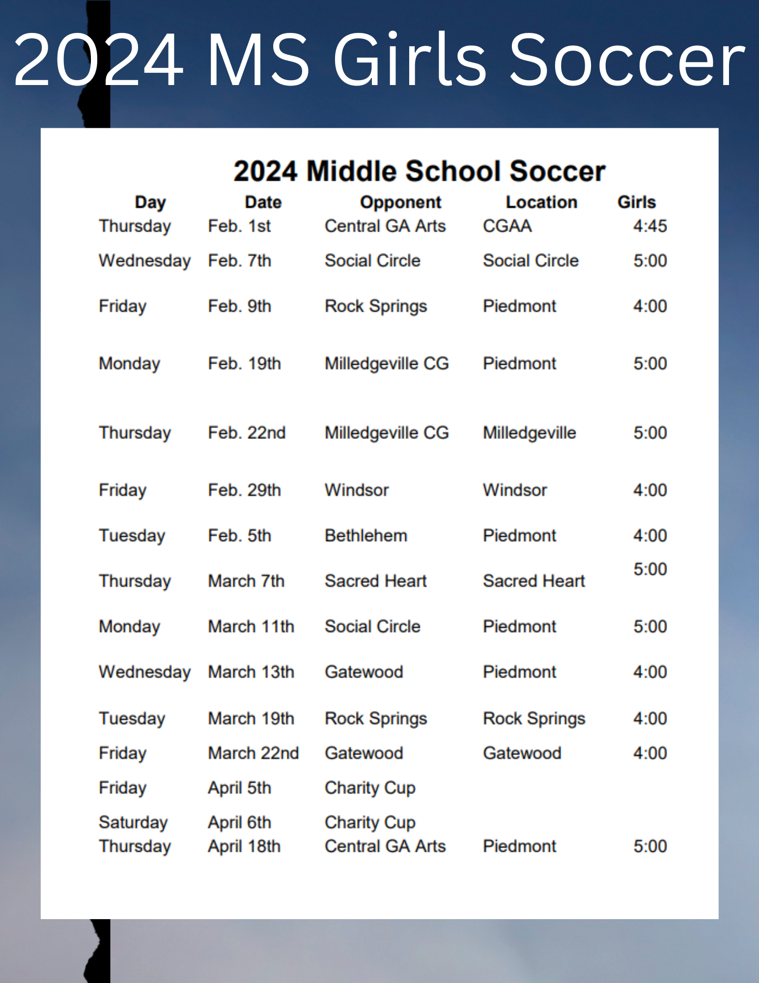 a soccer schedule for the 2024 ms girls soccer season