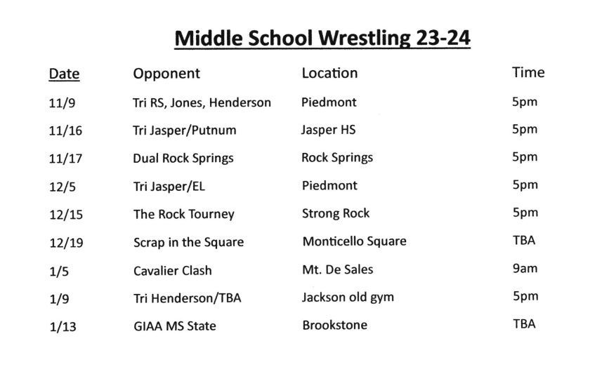 a middle school wrestling schedule for the month of november