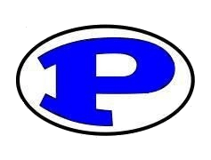 a blue letter p in a white oval on a white background .