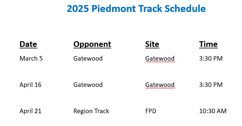 the piedmont academy track schedule for the 2023 season is shown .