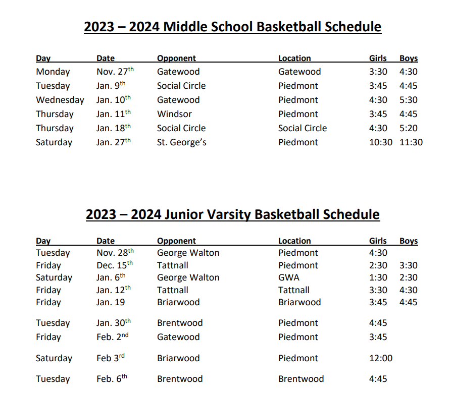 a basketball schedule for the middle school and junior varsity basketball teams