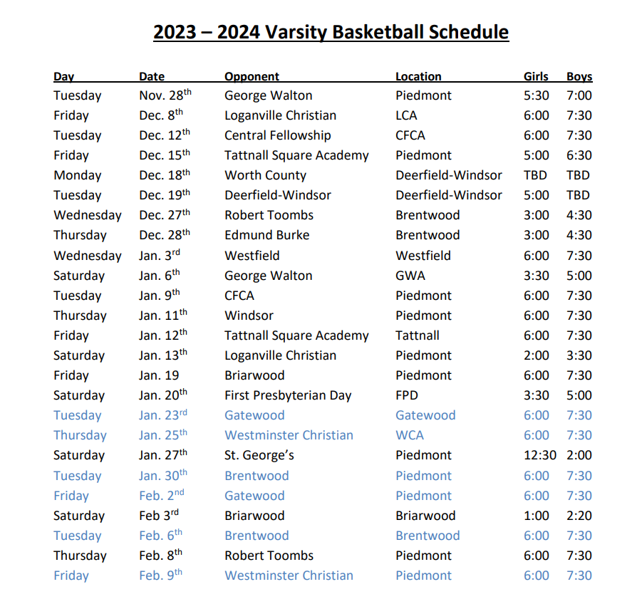 a schedule for the 2023 and 2024 varsity basketball teams