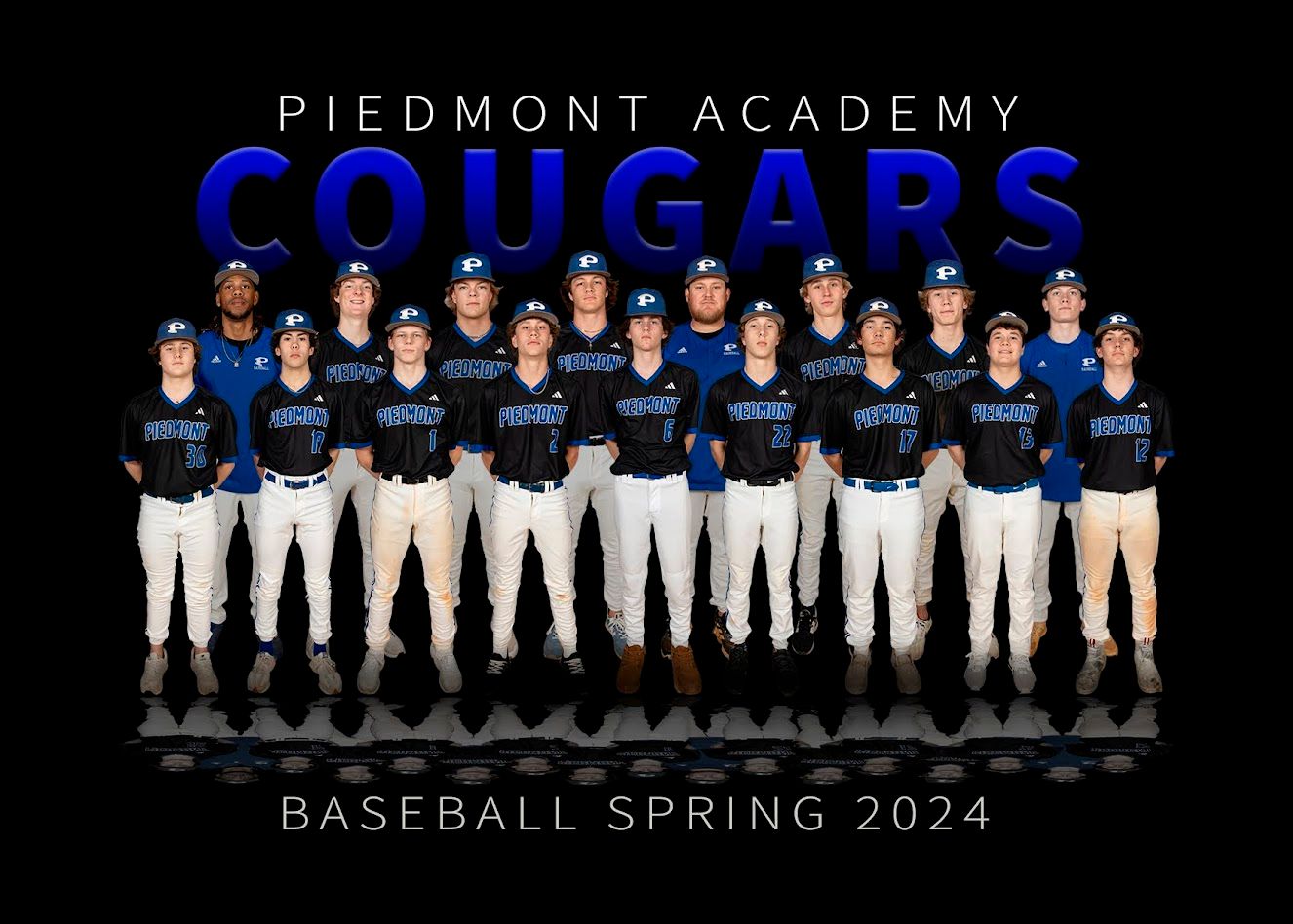 the piedmont academy cougars baseball team is posing for a team photo .