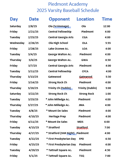 a 2024 varsity baseball schedule for piedmont academy