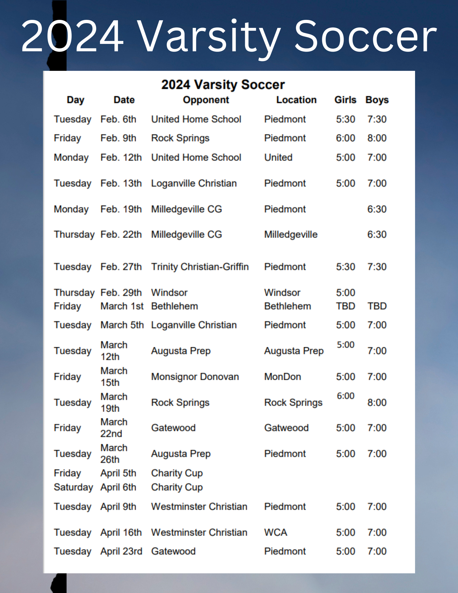 a soccer schedule for the 2024 varsity soccer season