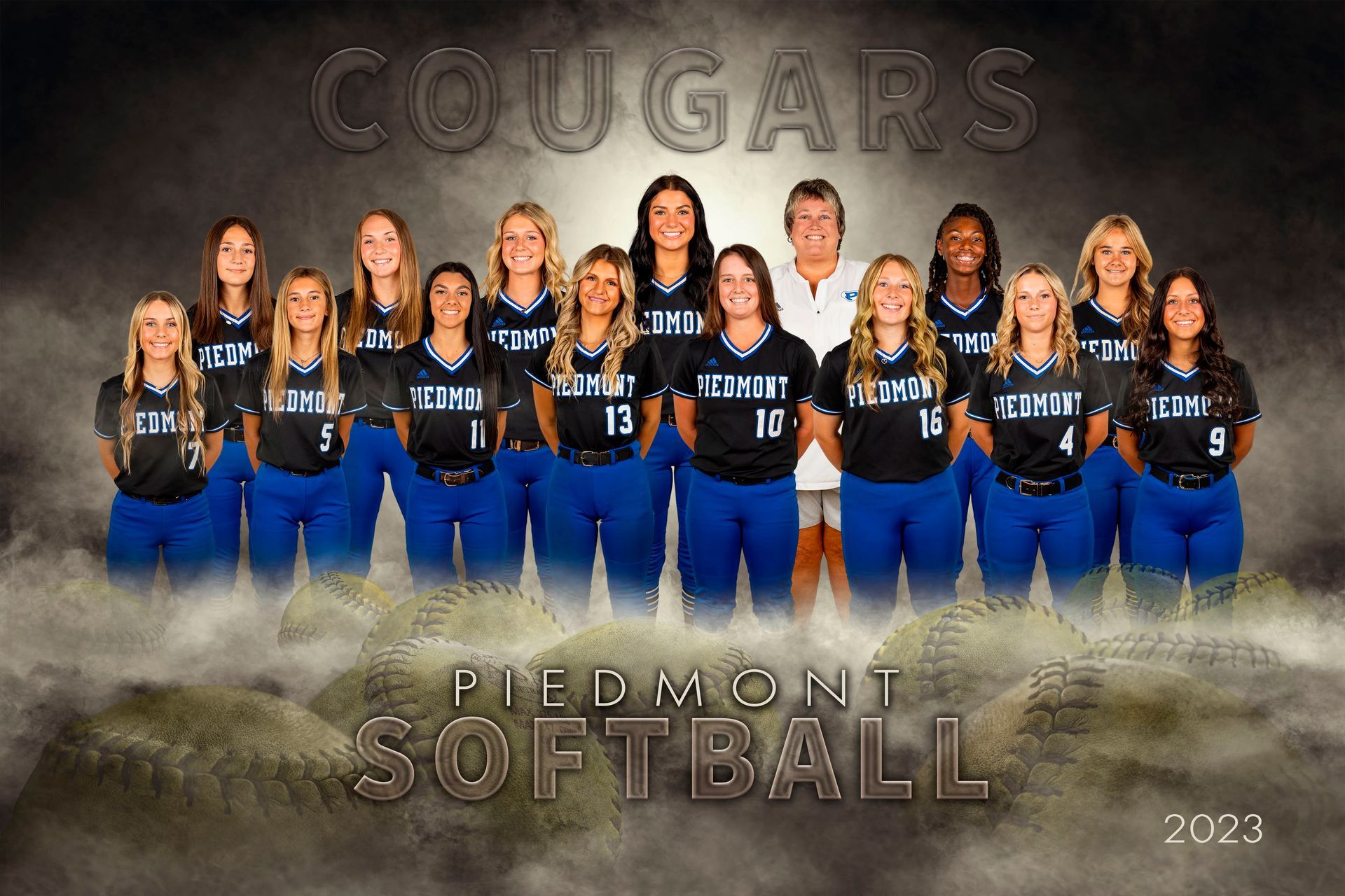the piedmont softball team is posing for a team photo .