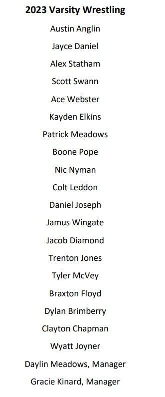 a list of wrestlers for the 2023 varsity wrestling team