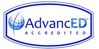 the advanced accredited logo is blue and white and has a globe on it .
