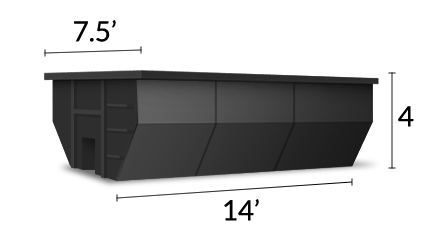 A black dumpster with measurements of 7.5 inches and 14 inches