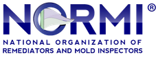 Logo of NORMI, the National Organization of Remediators and Mold Inspectors. Blue text with graphic.
