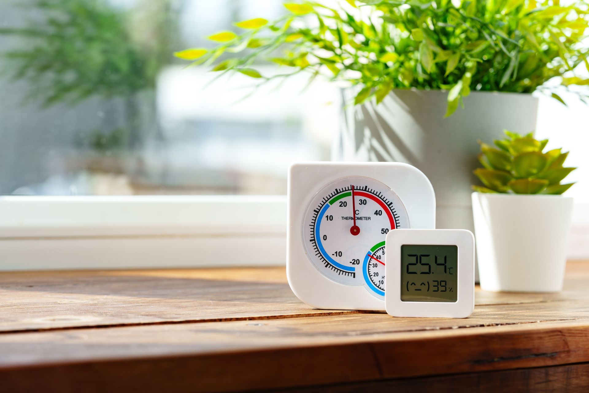 A thermometer and hygrometer on a windowsill with plants, displaying temperature and humidity readings.