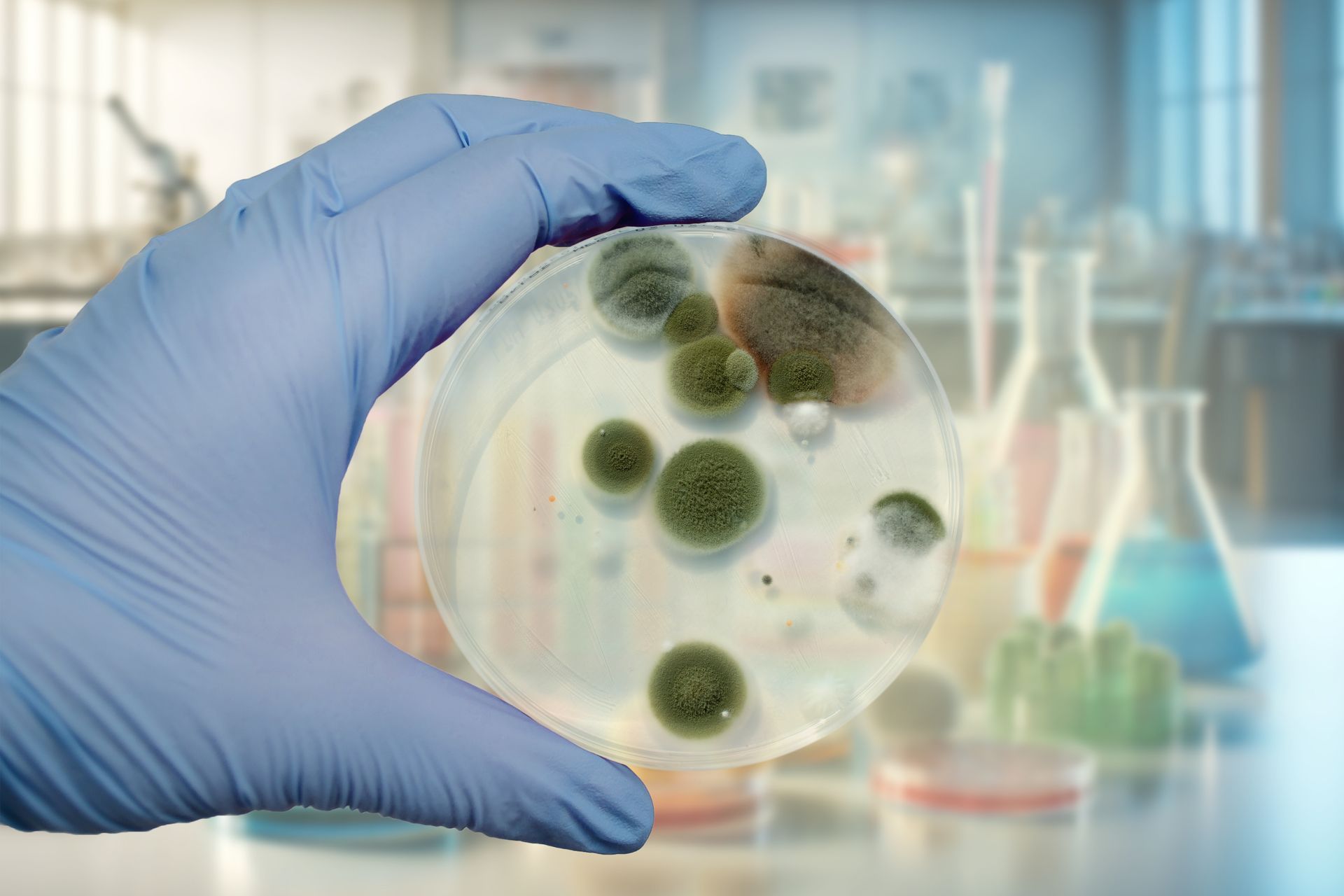 A gloved hand holding a petri dish with green and brown mold colonies in a lab setting.