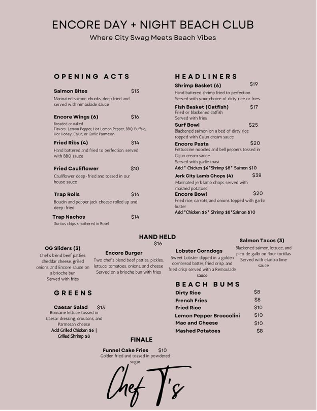 Menu for Encore Day-Night Beach Club by Chef T's, featuring categories like Opening Acts, Headliners, and Beach Bums.