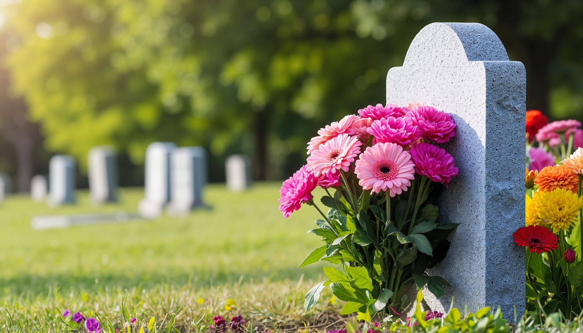 Cemetery memorial with floral arrangements and space for engraved messages. Cemetery memorial with floral arrangements and space for engraved messages.