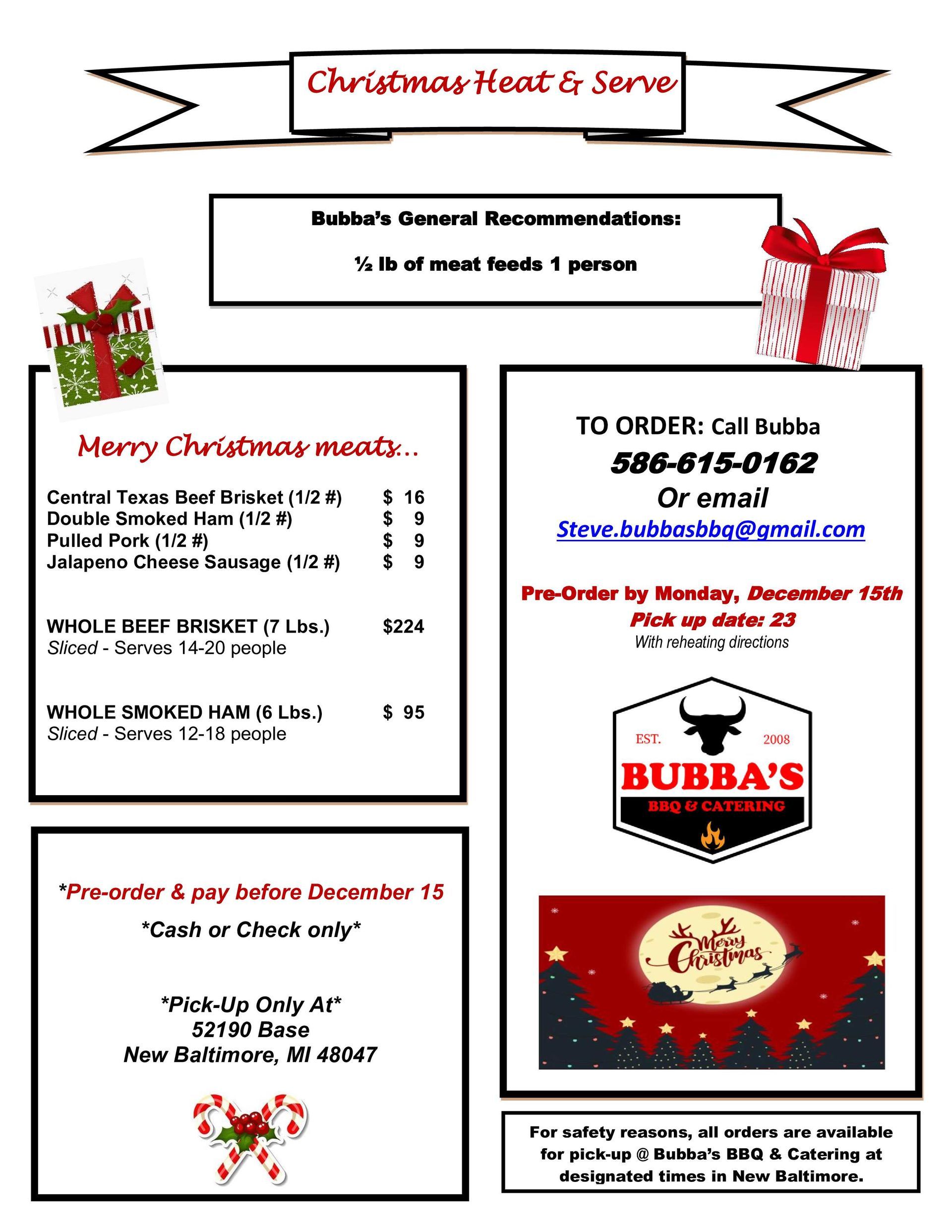 Bubba's BBQ & Catering Christmas Menu