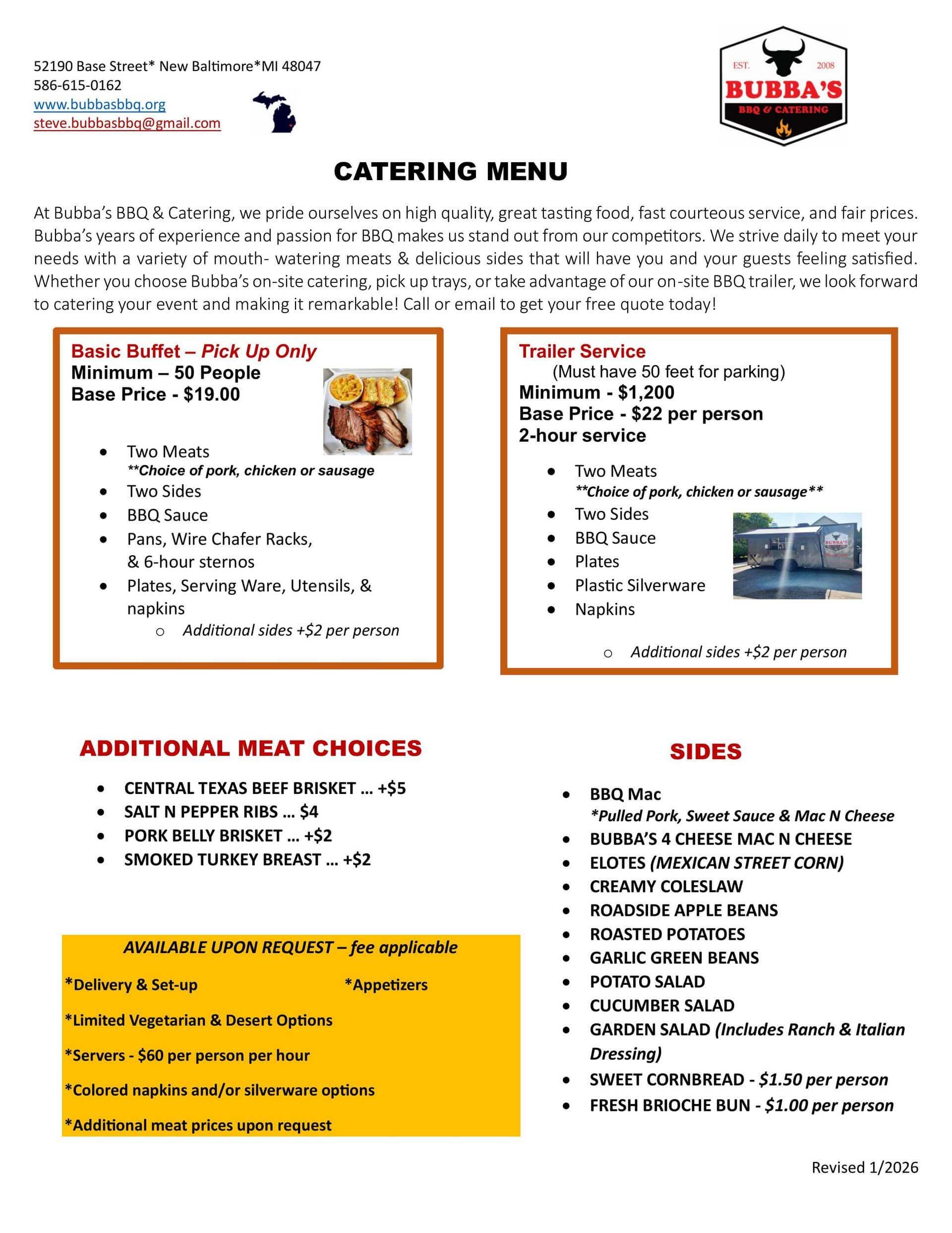 Bubba's BBQ & Catering menu in New Baltimore, MI