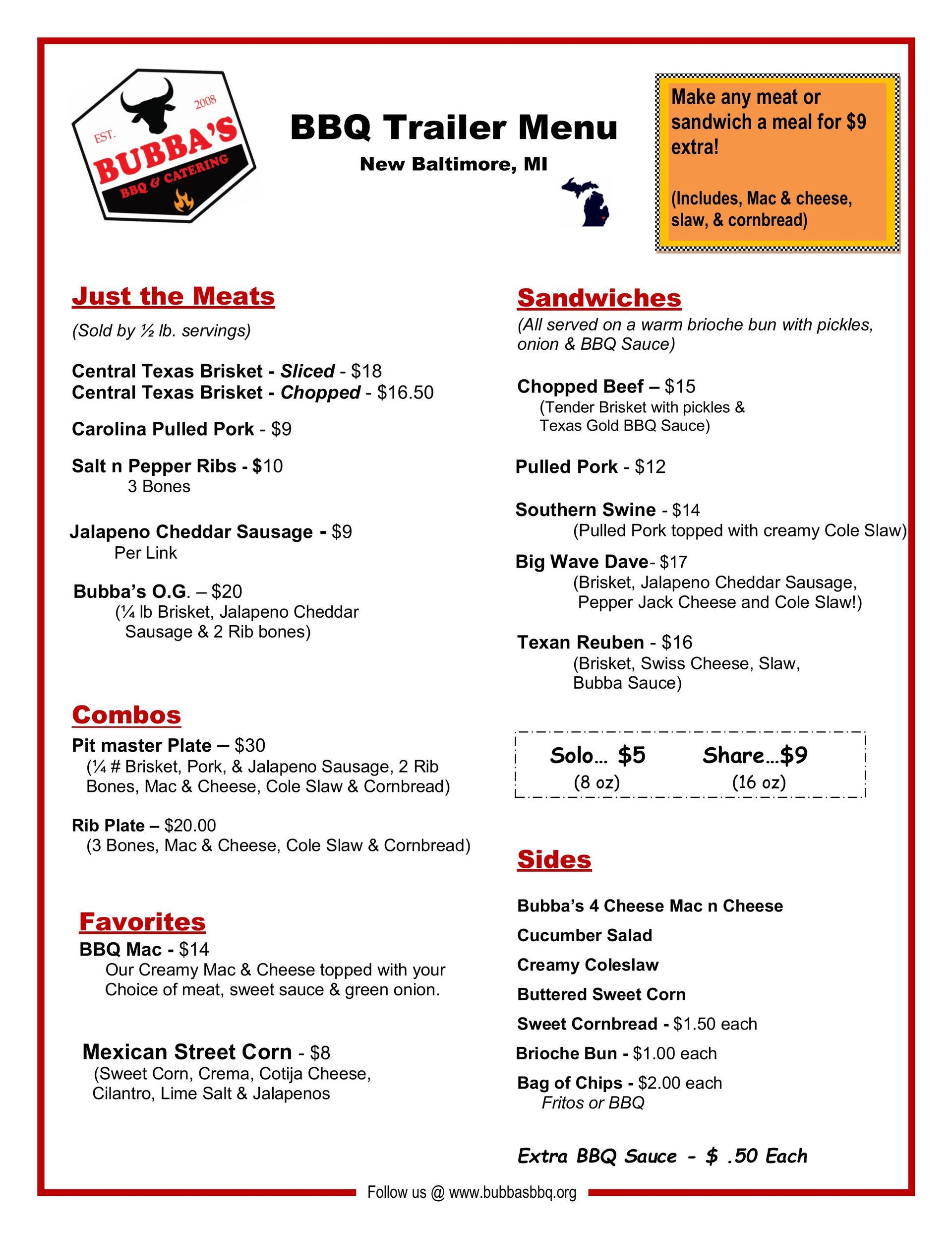 Bubba's BBQ & Catering BBQ Trailer Menu