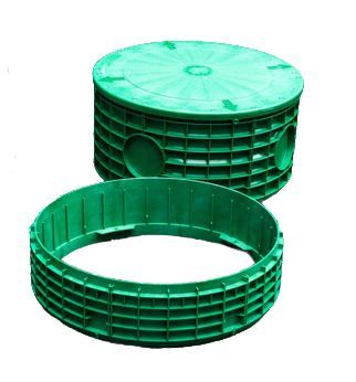 Green plastic septic tank components: a cylindrical base and a matching lid.