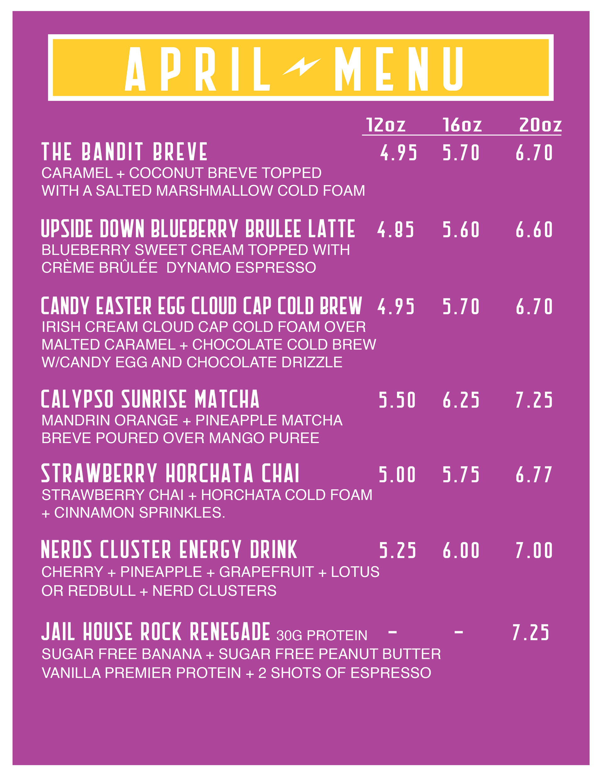 Purple April menu poster with yellow header listing drinks, prices, and ingredients in white text.