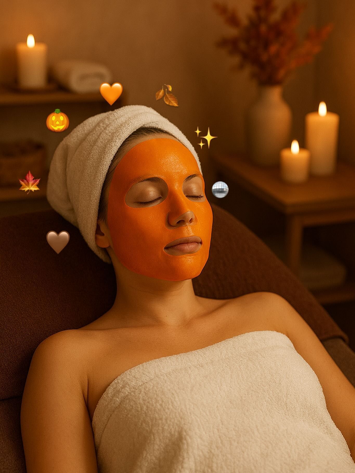 Woman receiving a relaxing spa facial treatment with candles and warm ambient lighting