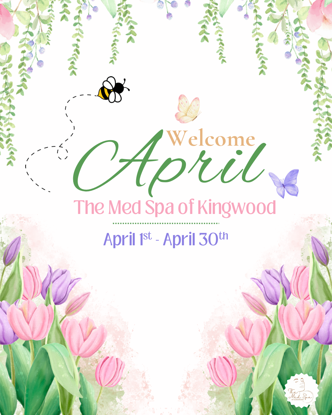 Spring floral “Welcome April” spa flyer with pastel flowers, bee, butterfly, and dates April 1–30.