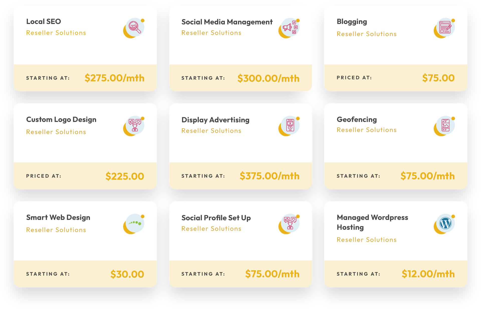 Pricing grid for various social media services. Cards are beige with service names and monthly/one-time prices.