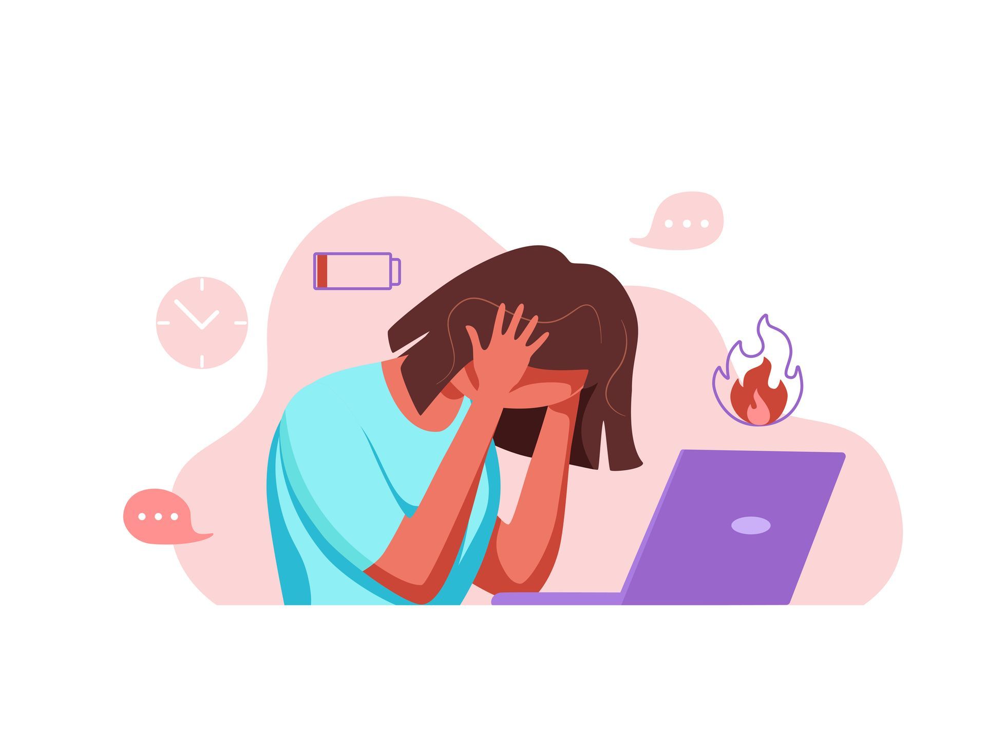 Woman stressed with head in hands, working on a laptop; battery low, fire icon, and speech bubbles.