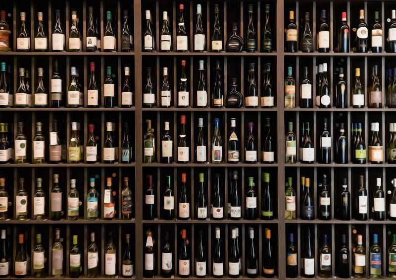 Shelves filled with assorted wine bottles in a dimly lit display wall