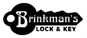 A black and white logo for Brinkman's Lock & Key, featuring the company name inside a silhouette of a key.