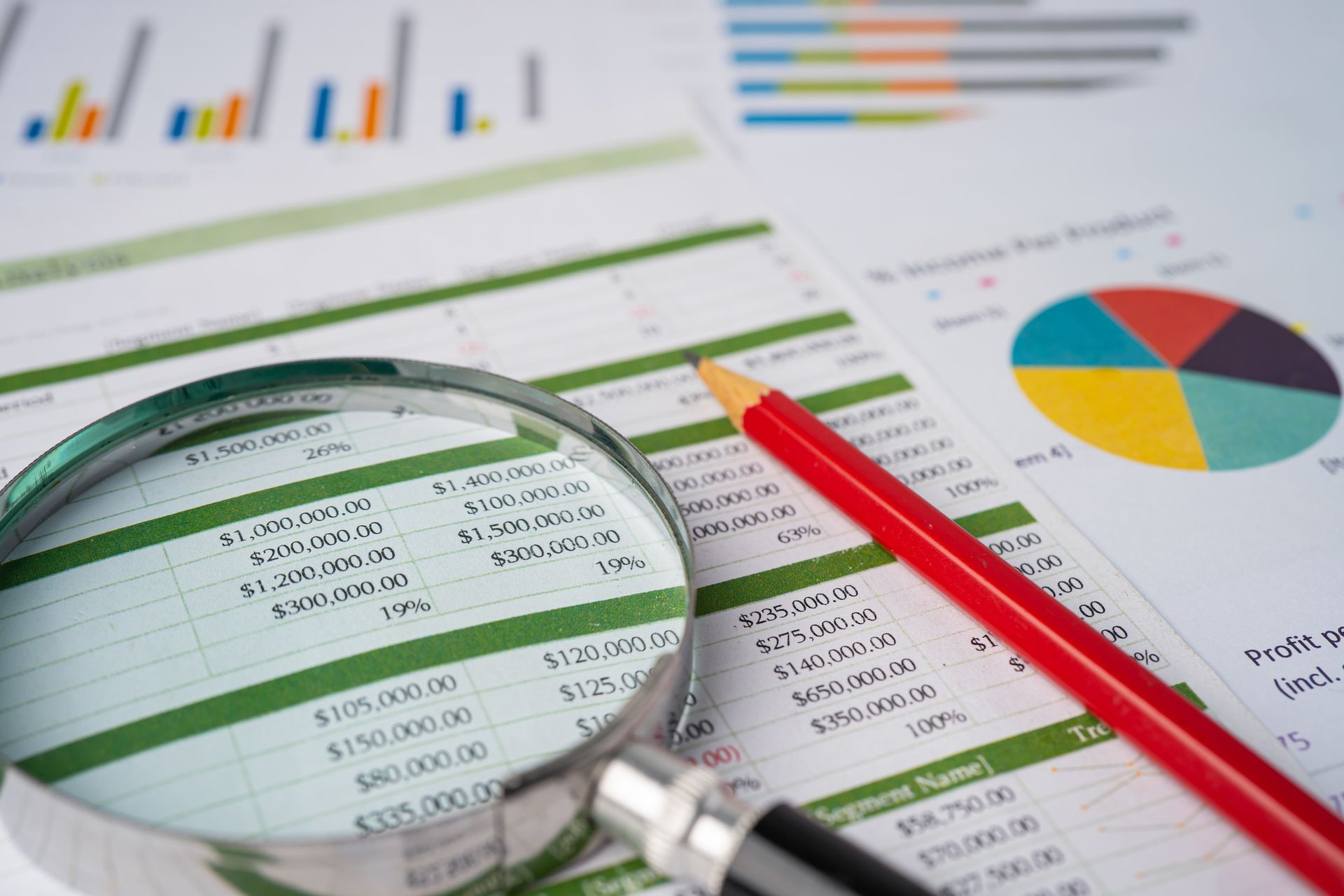 Magnifying Glass Over Financial Spreadsheet with Charts — Birmingham, AL — Magic City Investigations, LLC Magnifying Glass Over Financial Spreadsheet with Charts — Birmingham, AL — Magic City Investigations, LLC