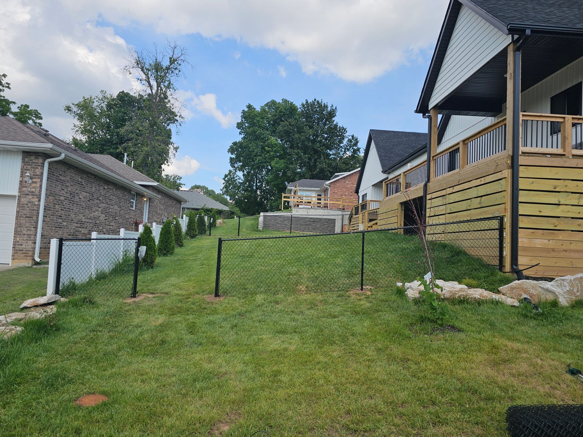 Grassy backyard with a chain-link fence, trees, and houses in the background under a blue sky.