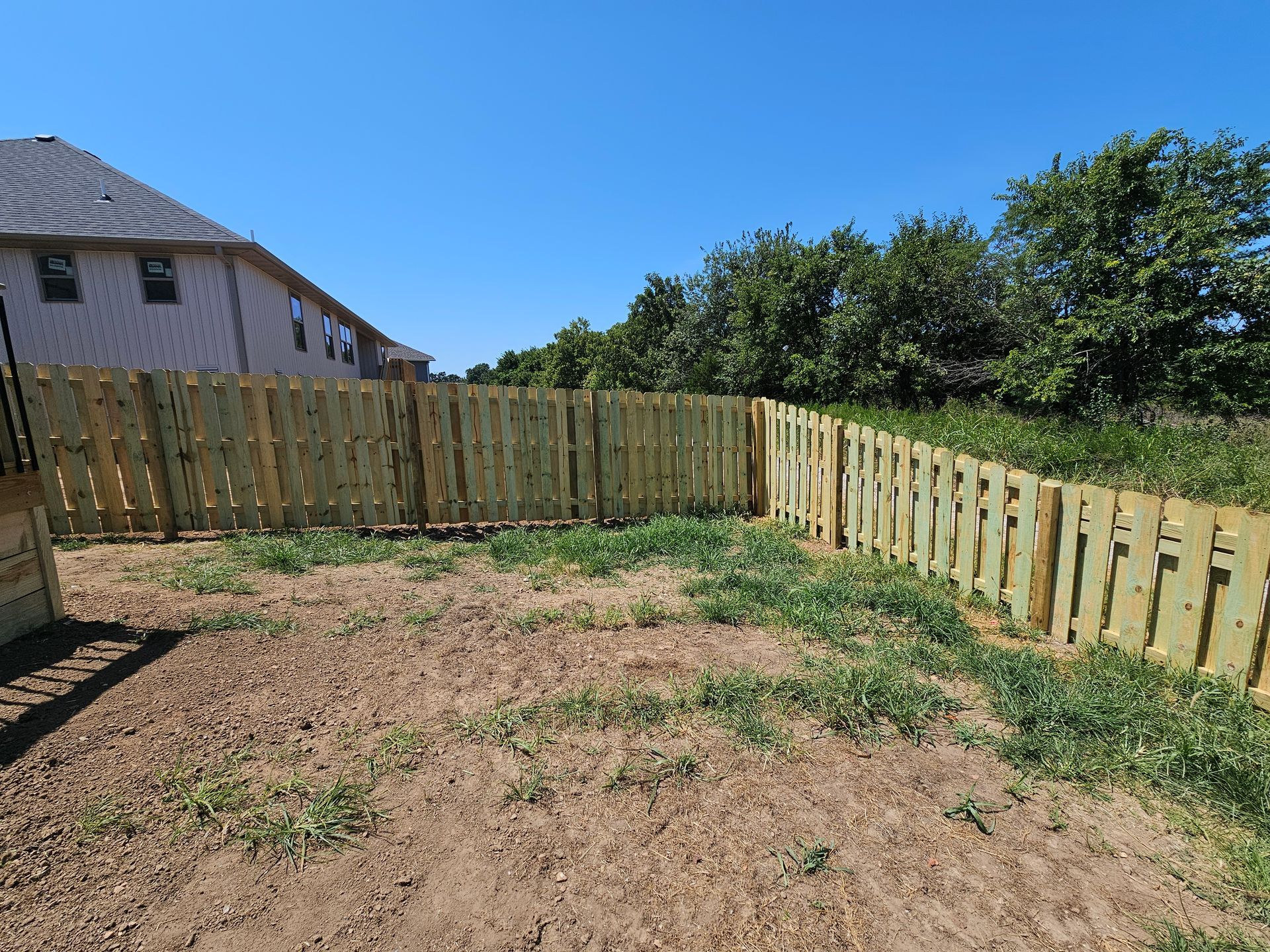 A newly built wooden fence encloses a grassy yard; a house is visible in the background against a blue sky.