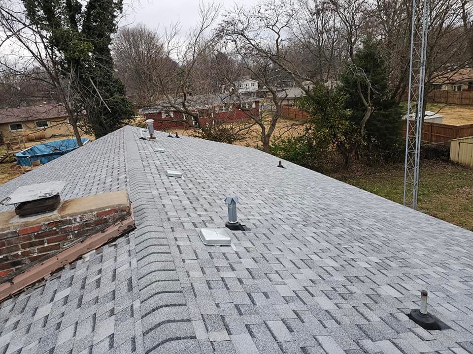 Gray shingle roof of a house, with chimney and vents, trees in the background. Overcast sky.