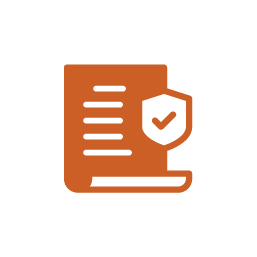 Orange icon showing a document with five lines of text and a shield containing a checkmark, symbolizing verified policy.