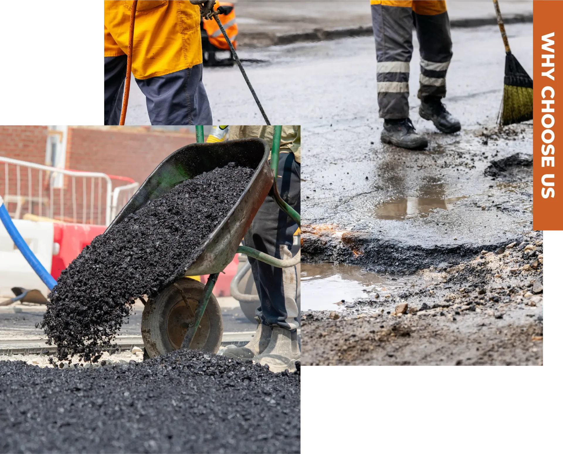Road construction crew working on asphalt repairs, with a wheelbarrow filled with gravel and a person sweeping the road.