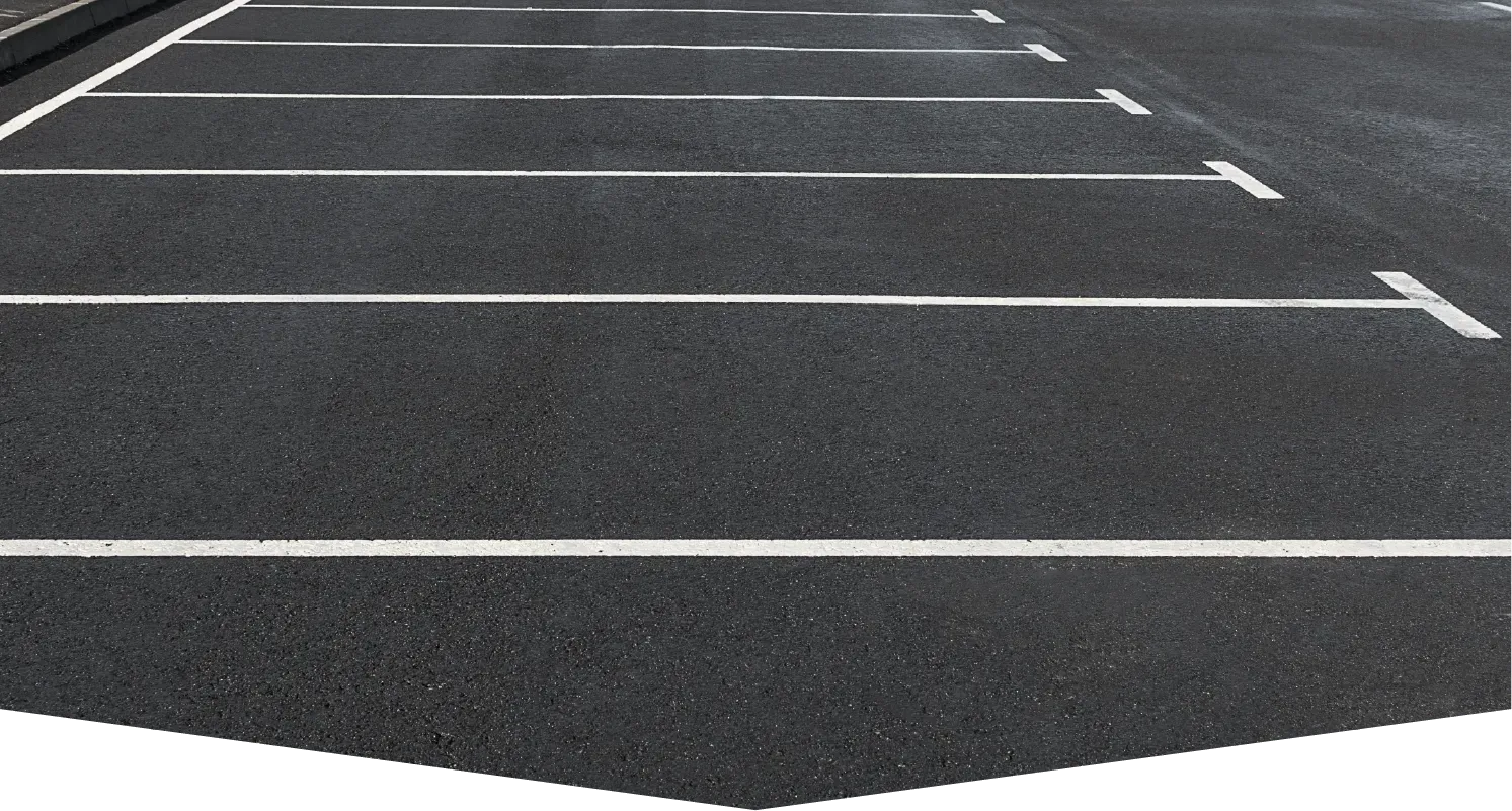 Empty parking lot with asphalt pavement and white painted lines marking individual parking spaces.