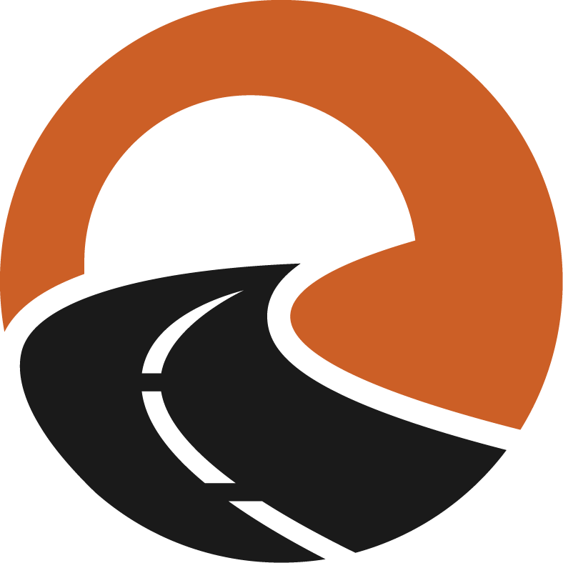 A stylized circular logo featuring a black road with white dashed lines curving through an orange background.