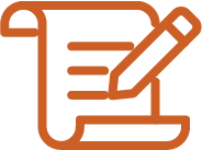 An orange icon of a stylized scroll or document with three horizontal lines being written on by a pencil.