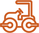 A minimalist orange icon of a road roller with two large wheels and a driver's cabin.