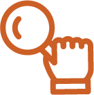 An orange, stylized icon of a hand pointing at a magnifying glass.