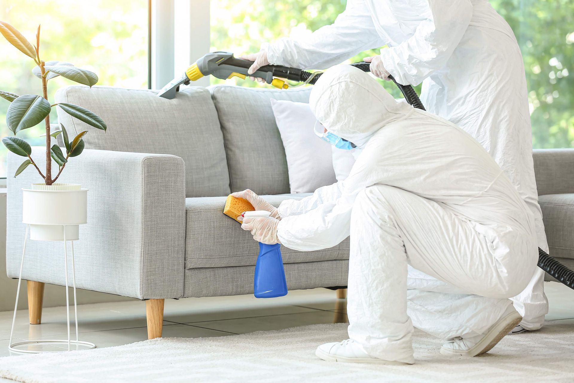 Two people in white protective suits cleaning a gray sofa with a spray bottle and vacuum in a well-lit living room.