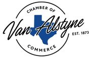 Logo for the Van Alstyne Chamber of Commerce. Features a blue Texas outline with the name 