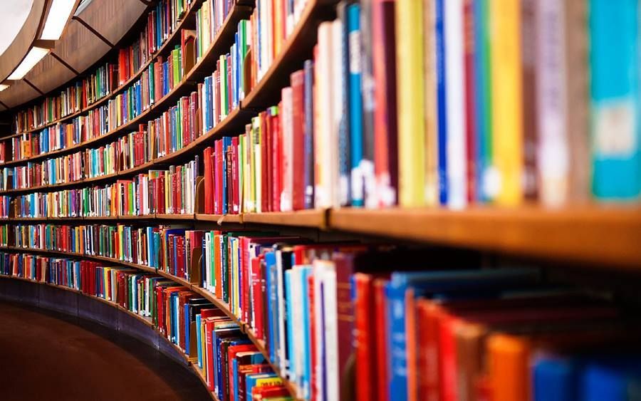 Curved bookshelf filled with colorful books. Wooden shelves and ceiling create a library setting.