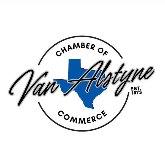 Logo for the Van Alstyne Chamber of Commerce, featuring Texas outline, the city name, and 