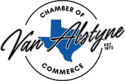Logo for the Van Alstyne Chamber of Commerce. Features a blue Texas outline with the name 