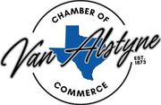 Logo for the Van Alstyne Chamber of Commerce. Features a blue Texas outline with the name 